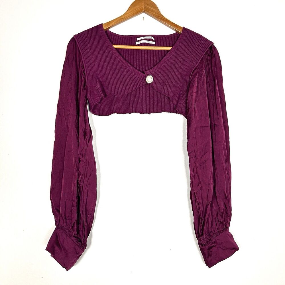 Anthropologie XL Magenta Cropped Bolero Sweater Rib Knit Satin Puff Sleeve